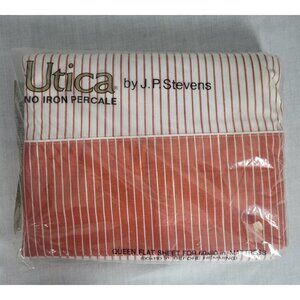 NEW Vintage 1976 Utica Queen Flat Sheet White w/ Rusty Orange Stripes USA